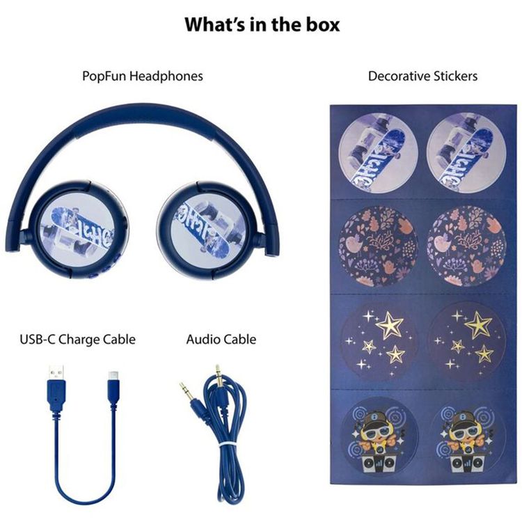 BuddyPhones Pop Fun Kids Headphones with 24 Hours Battery Life, Built-In Controls, Anti Allergic Cushions, Decorative Stickers, Safe Audio - Blue Pop Fun 