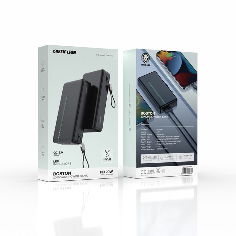 بنك الطاقة جرين ليون بوسطن بسعة 20000 مللي أمبير في الساعة مع مؤشرات LED، ومنافذ USB-A وUSB-C مزدوجة، يتضمن حزام كابل USB-C، مصنوع من مادة ABS، معتمد للطيران، شحن سريع، توصيل طاقة 20 واط وإخراج USB-A بقوة 18 واط - أسود.