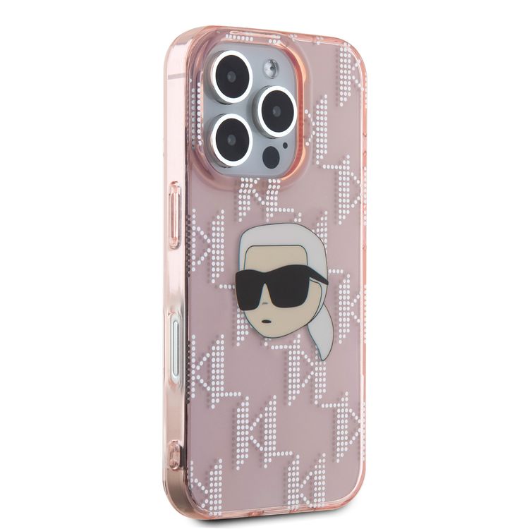 جراب Karl Lagerfeld IML الصلب مع تصميم Karl Head &amp; Monogram مطلي بالكهرباء لهاتف iPhone 16 Pro Max - وردي
