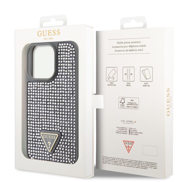 Guess Rhinestone Case with Triangle Logo  - Silver - iPhone 15 Pro