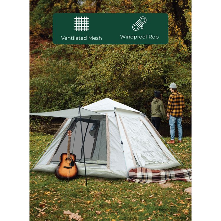 Green Lion GT-6 Camping Tent with Ventilated Mesh, UV Protection, Waterproof & Wind Resistance, 190T Polyester Carrying bag, 5-6 People Capacity, 2 Doors, 210D Oxford Fly - Beige