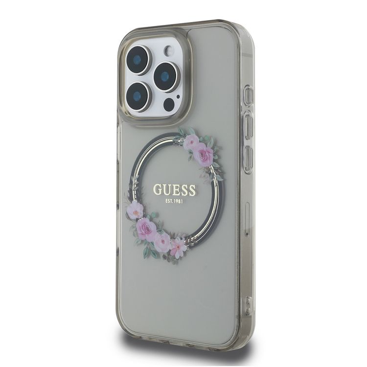 Guess Magsafe IML Hard Case with Flower Wreath Design for iPhone 16 Pro Max, Lightweight, Comfortable and Secure Grip, High Quality Material - Black