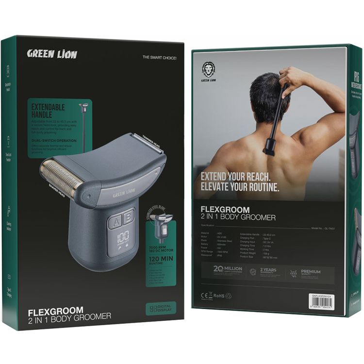 Green Lion Flexgroom 2-in-1 Body Groomer with 22-40.3cm Extendable Handle, ABS Material, Stainless Steel Blade, IPX6 Water Resistance Level, 600mAh Battery Capacity, Type-C Charging Port, 1.5 Hours Charging Time, 2 Hours Working Time, Digital Display - Gray