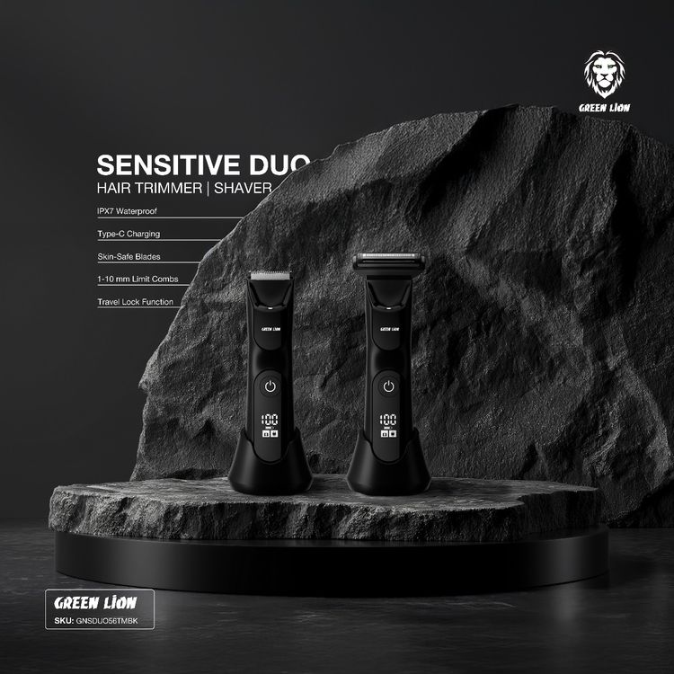 Green Lion Sensitive Duo Hair Trimmer & Shaver, 1.5 Hours Working Time, Ceramic & Stainless Steel Blades, 5W Power, Charging Base Included, LED Spotlight, Skin-Safe Blades, Travel Lock Function, USB-C Charging Port - Black