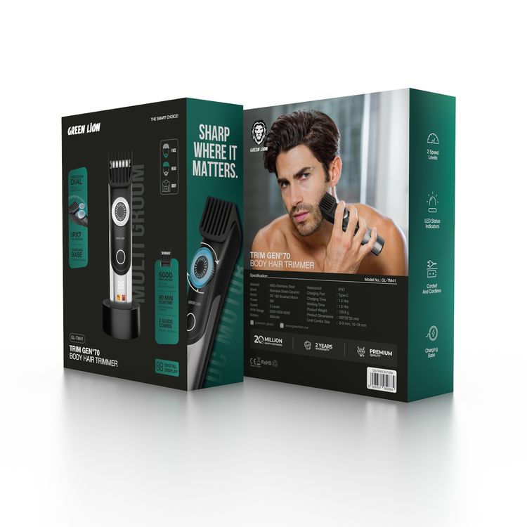 Green Lion Trim Gen"70 Body Hair Trimmer with 3 Speed Levels, LED Status Indicator, Corded & Cordless Use, Charging Base, 1.5 Hours Working Time, 6000RPM Motor - Black
