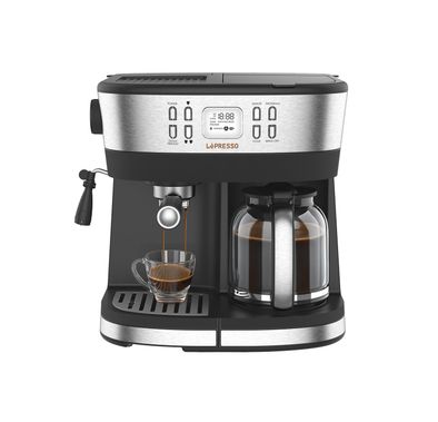 LePresso 2-in-1 Espresso Coffee Machine with Built-in Milk Steamer, 20-Bar Pump Pressure, Flow Meter, Adjustable Temperature, Nespresso Compatibility, 10-Cup Coffee Carafe - Black