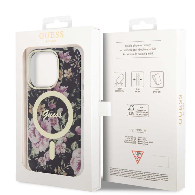 حافظة Guess Magsafe IML بنمط الزهور - أسود - iPhone 15 Pro