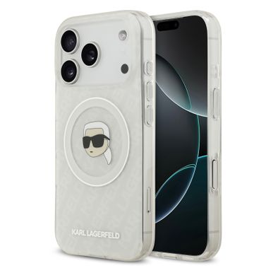 Karl Lagerfeld MagSafe IML Glitter & KL Repeated Case with Karl Head for iPhone 17 Pro, Slim Profile, Drop Protection, Easy Snap-On, Sustainable Packaging, Comfortable Grip, Lightweight Design - White