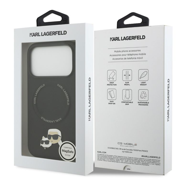 غلاف جلد PU من كارل لاغرفيلد مع دبابيس رأس كارل وشوبيتي لجهاز آيفون 17 برو، متوافق مع ماج سيف، نحيف، حماية من السقوط، قبضة مريحة، تغليف مستدام، سهولة التركيب، تصميم خفيف الوزن - أسود