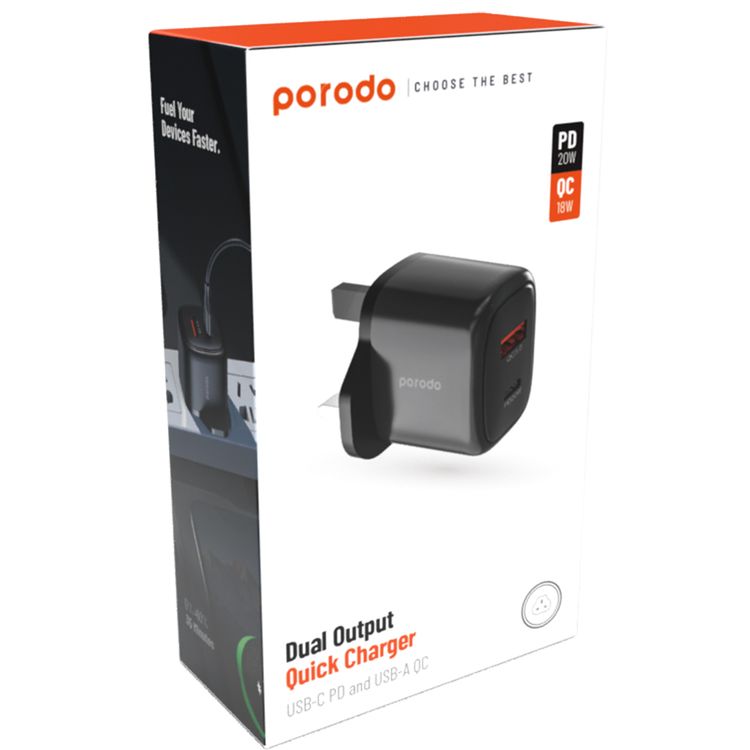 Porodo Dual Output Quick Charger with 20W Power Delivery, QC 18W, UK 3-Pin Plug, Simultaneous Charging, Universal Compatibility - Black