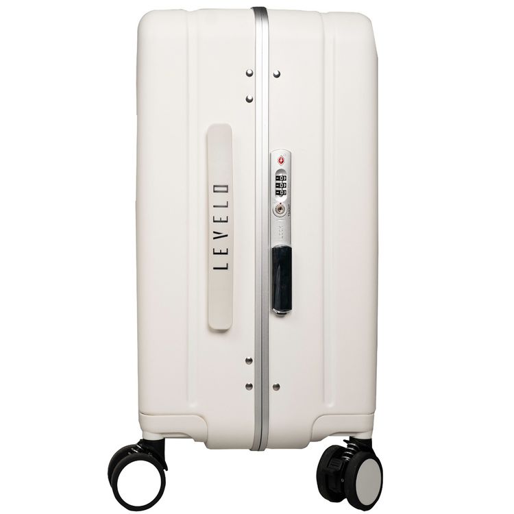 Levelo RoamCruiser 20" Travel Luggage with Detachable Kid Holder, Impact Resistance, PC & Aluminum Material, 50kg Weight Capacity, Silent Wheels, Hypoallergenic Interior, 2 Fusion Telescopic Handles, Integrated Wheel Locks, Built-in Document Holder - White