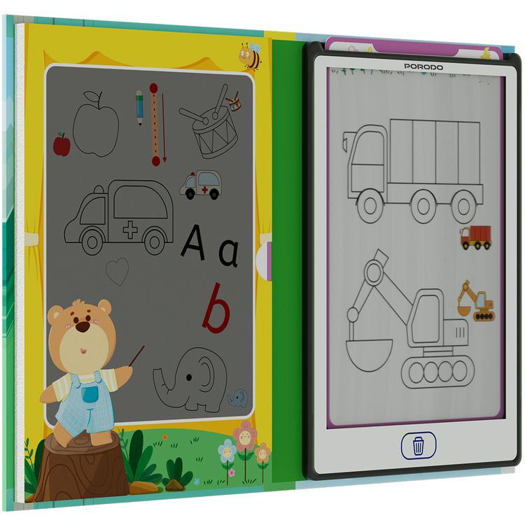Porodo Kids LCD Writing Tablet with Copy Cards, 8.5" Transparent Screen, Erasing Button, One-Key Screen Lock - Black
