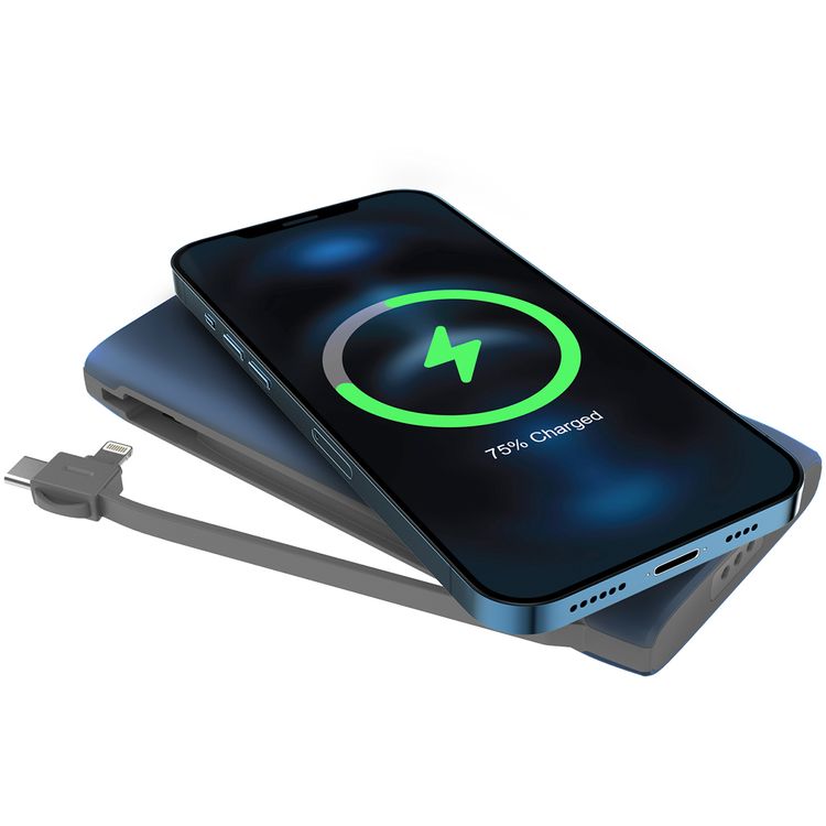 Powerology 4-in-1 10000mAh Power Bank Station with Built-in Lightning/Type-C Cable, 20W Power Delivery, 15W Maximum Wireless Output, UK 3-Pin Power Plug - Blue
