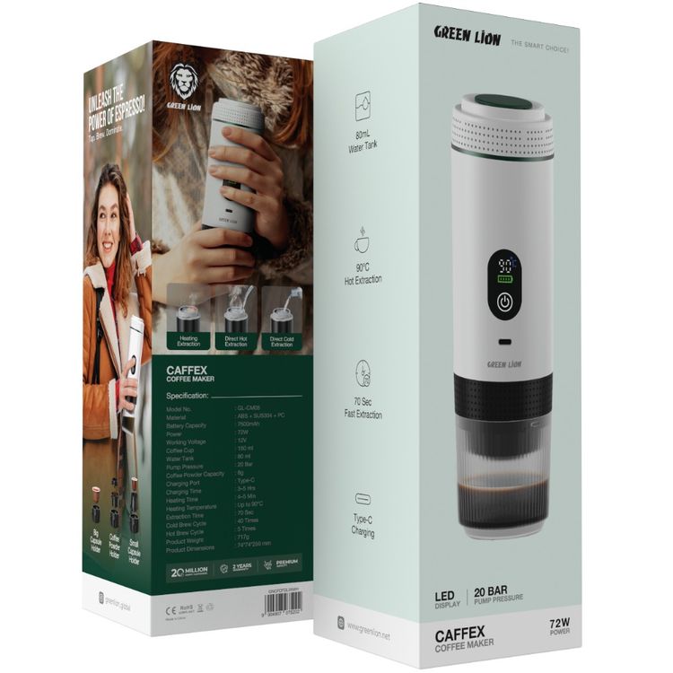 صانع القهوة جرين ليون CAFFEX بقدرة 72 واط، خزان ماء بسعة 80 مل، استخلاص ساخن بدرجة حرارة 90°C، استخلاص سريع في 70 ثانية، شحن من نوع Type-C، سعة بطارية 7500 مللي أمبير - اللون أبيض