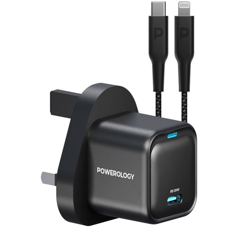 Powerology Ultra-Compact GaN Charger with USB-C to Lightning Braided Cable, 20W Power Delivery, Lightweight & Compact Design - Black