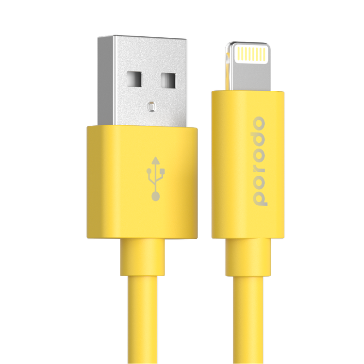 Porodo PVC Cable Compatible for Lightning Devices 1.2m 2.4A, Fast Data Sync & Charge, Durable and Portable Connector, Tactile & Robust Exterior, Dirt Resistance, MFi Certified - Yellow