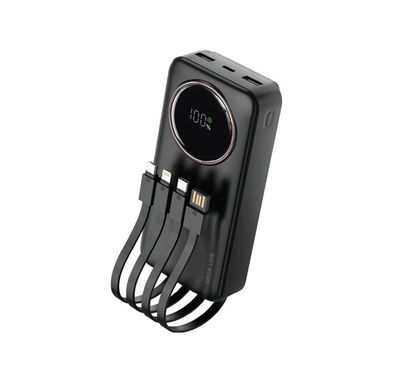Green Lion Power Pulse 20000mAh Power Bank, PD 22.5W, Portable, Digital Display, Fast Charge Support, Micro + Lightning + Type-C + USB-A Integrated Cables - Black