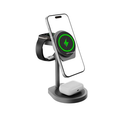 Powerology Eifel 3-in-1 Wireless Charger with Stable and Secure Hold, Energy-Efficient Design, Charging and Data Sync Cable, Strong Magnetic Hold, Built-in Safeguards, Multi-Device Charging, ≤4 mm Transmission Distance, 1m USB-C to USB-C Cable Included, Fast Charge - Gray