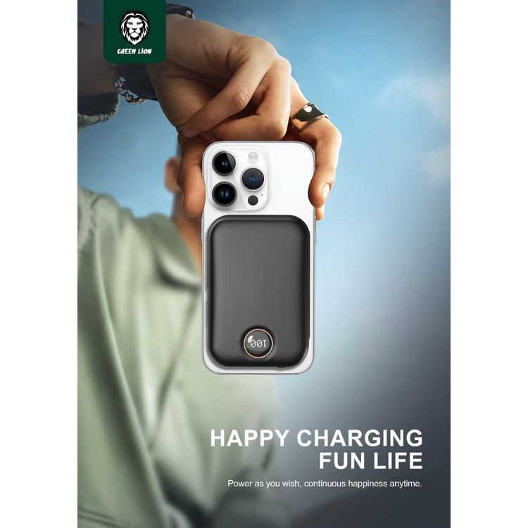 باور بنك Green Lion Monaco Magsafe بقدرة 20000 مللي أمبير في الساعة مع كابل Lightning مدمج، شحن سريع PD 20W، QC 22.5W، شحن لاسلكي 15W، شاشة LCD، جاذبية مغناطيسية، خفيف الوزن ومحمول - بنفسجي