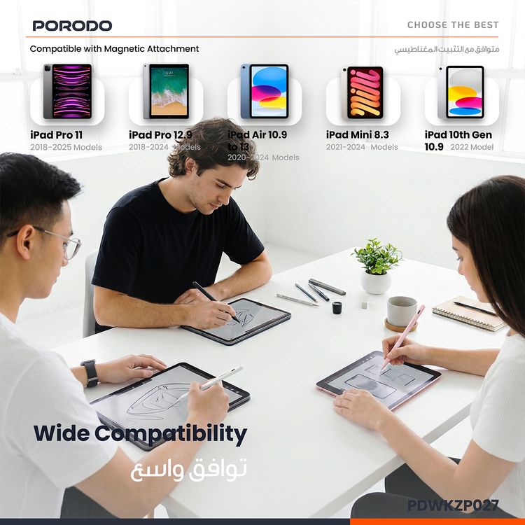 قلم Porodo مغناطيسي لأجهزة iPad، مقاس ريشة 1.2 مم، وقت عمل مستمر يصل إلى 9 ساعات، مصنوع من سبيكة الألومنيوم، منفذ شحن USB-C، بطارية 130 مللي أمبير في الساعة، متوافق مع موديلات iPad من 2018 إلى 2024، بدون تأخير، شحن سريع - وردي