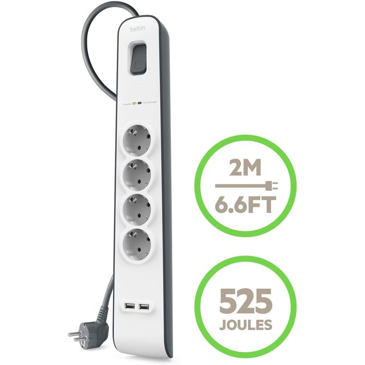 Belkin Surge Plus Protector with 2 USB Port (2.4A) & 4 Outputs EU with Indicator Light, Modern Design Extension, Touch Protection, Universal Socket - White