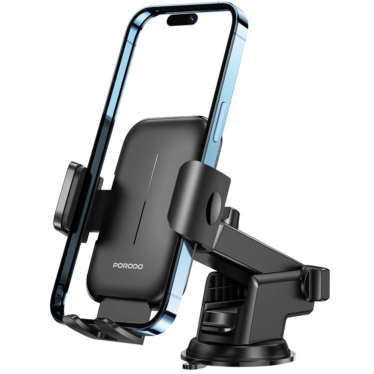 Porodo Dash & Windshield Mount with Adjustable Viewing Angle, Strong Adhesive, 60-90mm Grip Width, ABS & Silicone Material, Secure Grip - Black