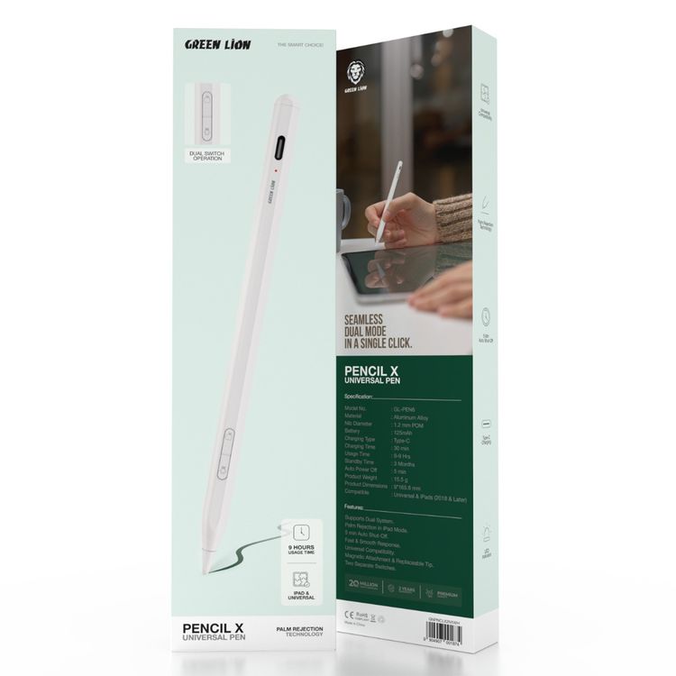 Green Lion Pencil X Universal Pen with LED Indicator, Dual System Support, 1.2mm POM Nib, 125mAh Battery, 8-9 Hours Usage Time, 5 Minutes Auto Power Off Function, Replaceable Tip, Magnetic Attachment - White