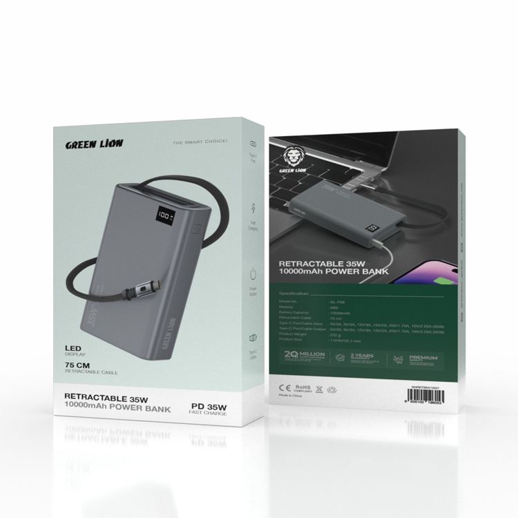 Green Lion Retractable 10000mAh Power Bank with 35W Power Delivery, LED Display, 75cm Cable Length, Type-C Port, Fast Charge Support - Gray