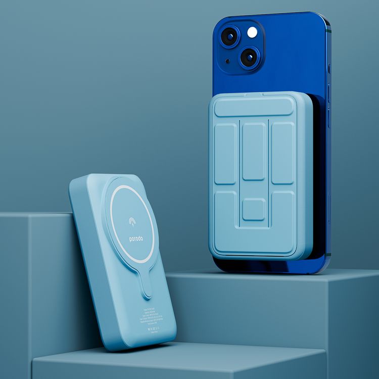 Porodo 10000mAh MagSafe Power Bank with Built-in Foldable Stand, 15W Maximum Wireless Output, 20W Power Delivery, Fast Charging Support, 18W Type-C Input - Blue