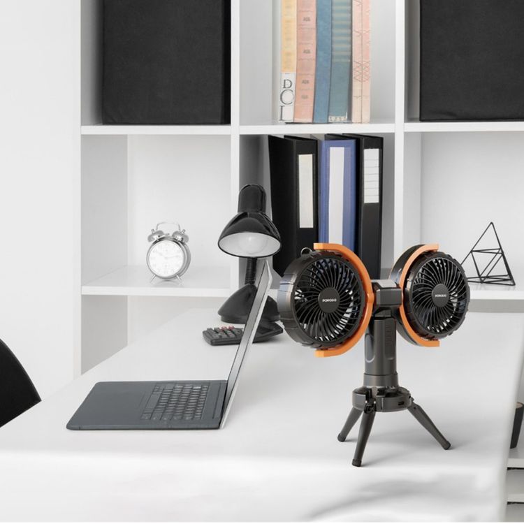 Porodo Lifestyle Dual-Head Oscillating Fan with LED Light, Power Bank, ABS & PP Material, 8000mAh Battery Capacity, Stable Tripod Base, Type-C Charging Port, 4 Levels Fan Speed, Hidden Hook - Black