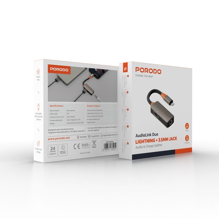 Porodo AudioLink Duo Lightning & 3.5mm Jack Splitter, 9cm Cable Length, Braided Nylon with Aluminum Shell Material, Charge & Listen Simultaneously, Tangle-Free Design, Plug & Play - Black / Orange
