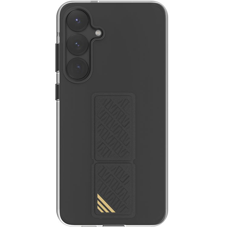 غطاء Levelo Morphix Clara مع مسكة جلد مدمجة لهاتف Samsung Galaxy S25 Plus، مصنوع من مادة TPU، زوايا مقاومة للصدمات، حلقة كاميرا معدنية، مادة هجينة - اللون الأسود.