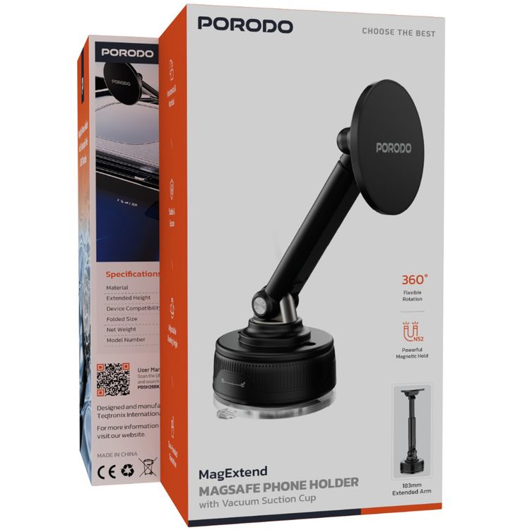 حامل هاتف MagSafe من Porodo MagExtend مع قاعدة لاصقة، مغناطيس قوي N52، ارتفاع قابل للتمديد حتى 185 مم، تشغيل بيد واحدة، زاوية عرض قابلة للتعديل، متوافق مع الأجهزة بحجم 5.5"-6.9"