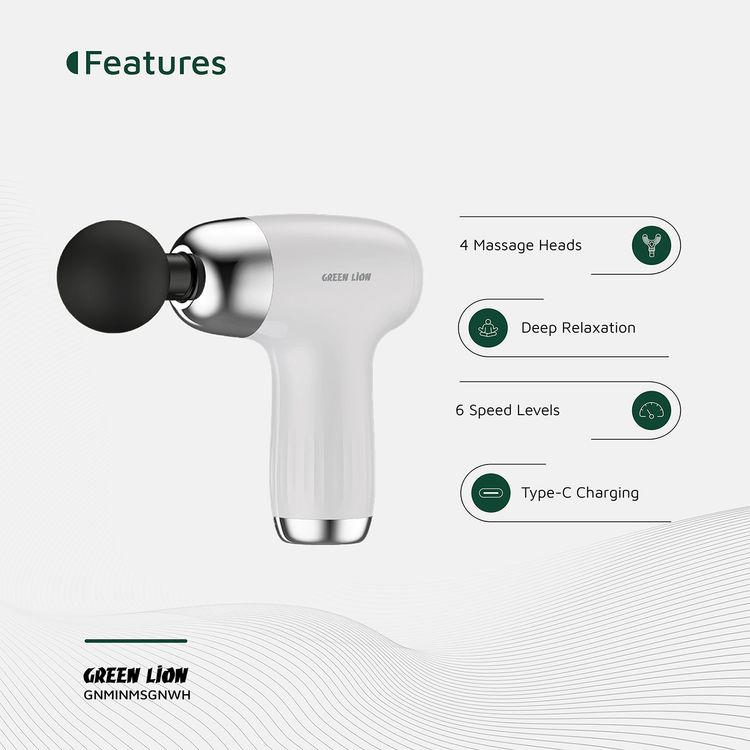 Green Lion Mini Massage Gun with 4 Massage Heads & 6 Speed Levels, ABS Material, Up to 2 Hours Working Time, Auto Shut-Off Function, 1200-3200 RPM Range, 24W Power, Brushed Motor, 1200mAh Battery - White