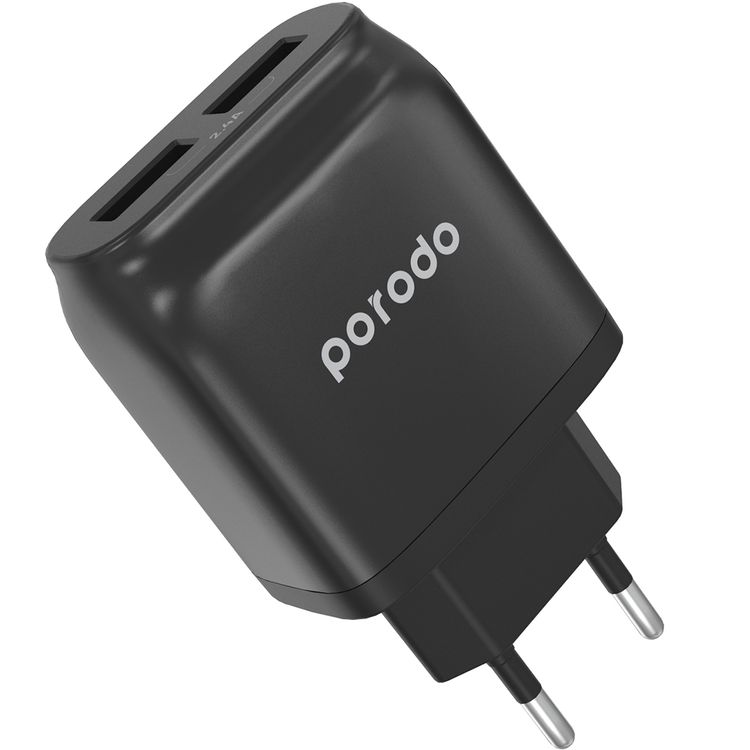 Porodo Dual Port EU Wall Charger with Fast Charging & Auto ID Support, 2.4A USB-A Current, Fireproof Material, Overheat Protection, Protective Safeguard - Black
