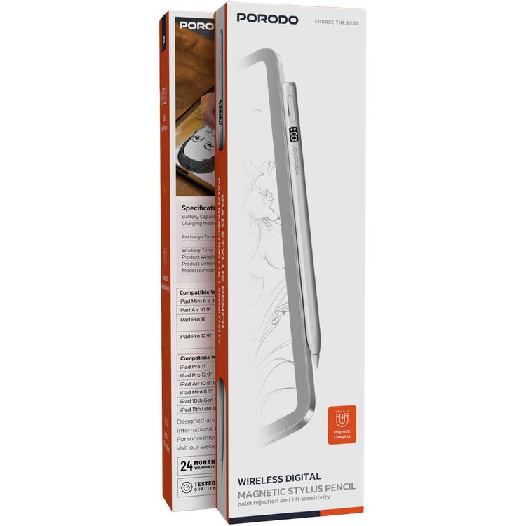 قلم Porodo Magnetic Active Stylus لأجهزة iPad موديلات 2018-2025، بسعة بطارية 100mAh، مدة تشغيل مستمرة تصل إلى 12 ساعة، طرق شحن سلكية Type-C ولاسلكية مغناطيسية - أبيض