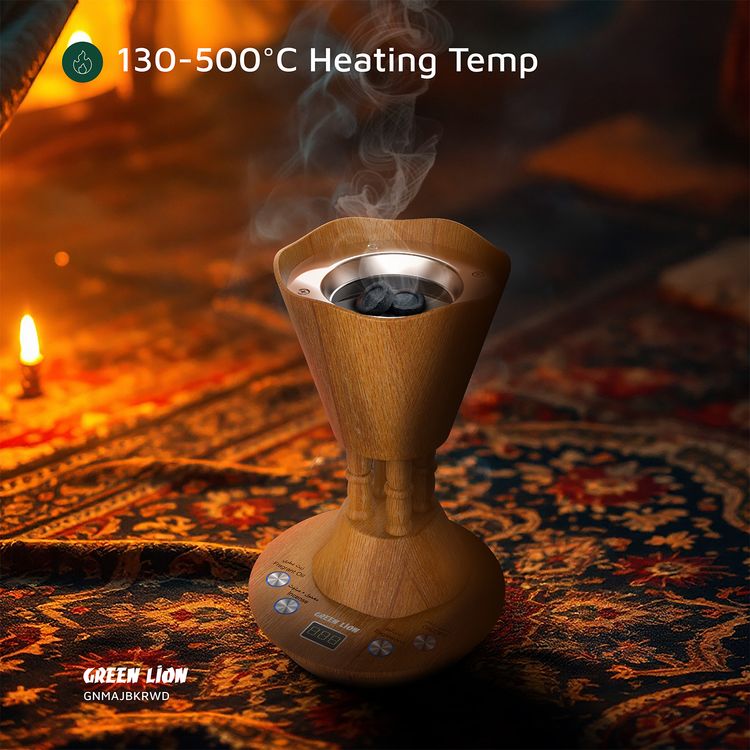 Green Lion Majlis Electric Bakhour Burner with Detachable Base, Digital Display, Countdown Timer, Ceramic Heating Base, Wood-Grain Finish, Safety Cut-Off, 15mL Oil Capacity - Wooden