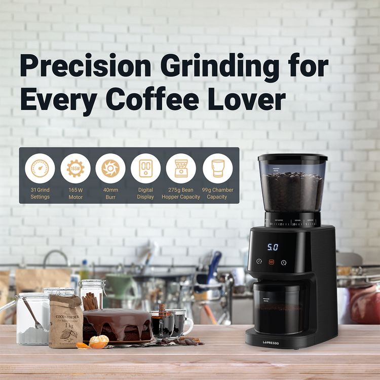 Lepresso Conical Burr Grinder, 275g Bean Hopper Capacity, 99g Chamber Capacity, 31 Grind Settings, User Friendly Interface, Timer Technology - Black