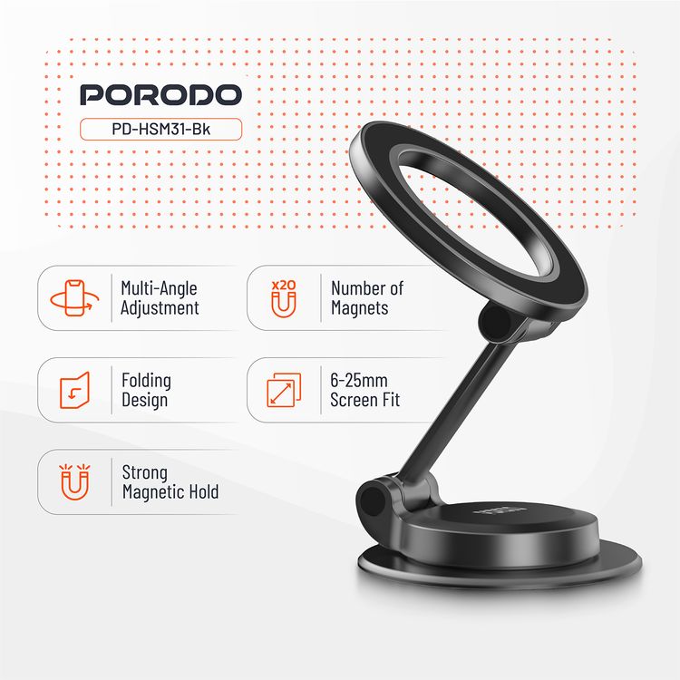 Porodo MagLock MagSafe Phone Mount with Zinc Alloy Material, N52 Magnets, Multi-Angle Adjustment, Folding Design, Strong Magnetic Hold - Black