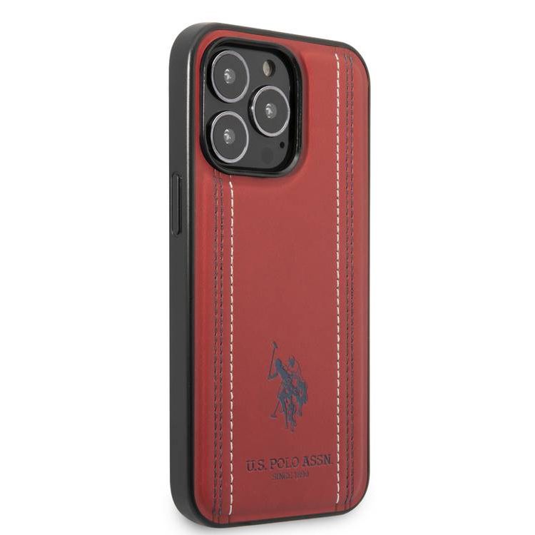 USPA PU Leather Case with Stitched Lines Double Line & Horse Logo iPhone 14 Pro Max Compatibility - Red