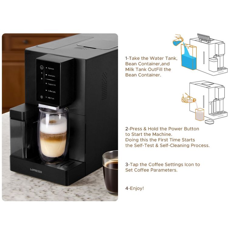 LePresso Automatic Coffee Machine with Mobile Application, 1200mL Water Tank & 300mL Milk Tank Capacity, 1480W Rated Power, Adjustable Grinder, Dual-Boiler, 4.3" Digital Display - Black