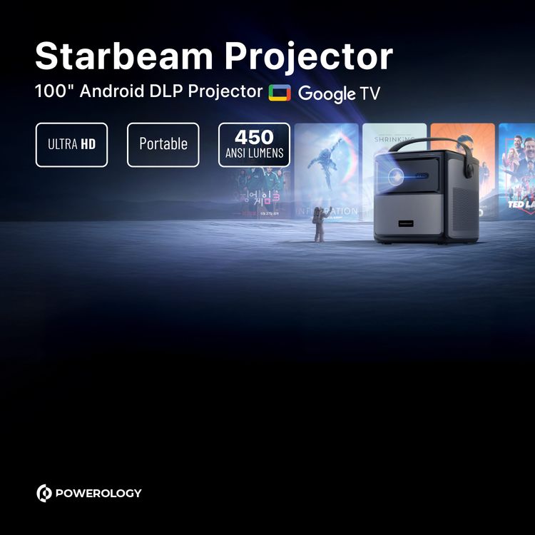 Powerology 4K GTV Projector, FHD Resolution, Wi-Fi, Android 9, 15000mAh Battery, 3D Content Supported, USB & HDMI & 3.5mm Audio Interface - Black