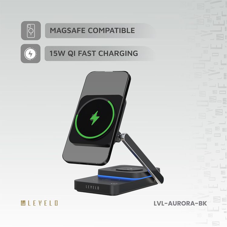 Levelo Aurora 3-in-1 Wireless Charger with Strong Magnetic Force, 90° Rotation, 15W Fast Charging, Auto Detecting Object, Overcharge Protection - Black