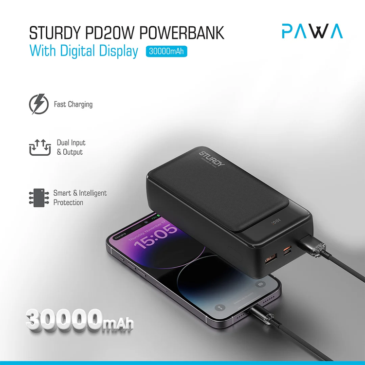 PAWA Sturdy 30000mAh Power Bank PD20W with Digital Display, Micro & Type-C Input, USB-C & Dual USB-A Output, Type-C Cable Included, Fast Charging, Lightweight & Portable, Simultaneous Charging, Smart & Intelligent Protection - Black