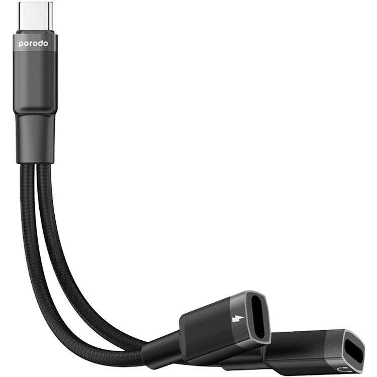 Porodo 2in1 Type-C To 2*Type-C Jack Headphone And Charging  Converter Adapter, Optimal Charge, Plug & Play - Black
