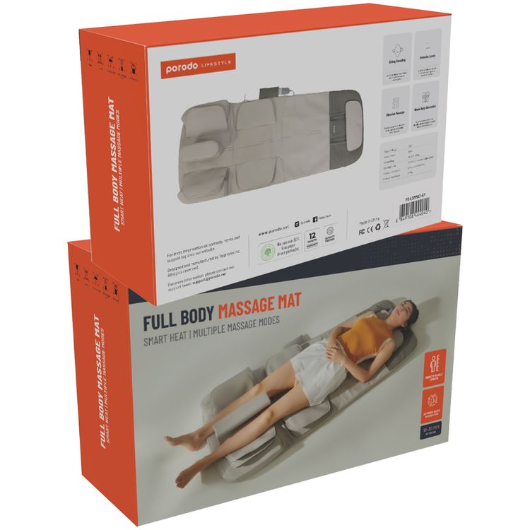 Porodo Lifestyle Full Body Massage Mat with Smart Heat & Multiple Massage Modes, Vibration Massage, Airbag Kneading, 200cm Maximum Height, 48W Rated Power - Gray