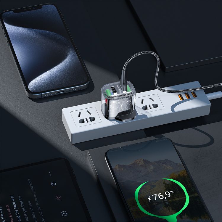 Porodo Dual Output Transparent Charger with 1.2m USB-A to Lightning Cable, 2.4A Auto-ID Technology, 12W Total Output, UK 3-Pin Plug, Simultaneous Charging, Universal Compatibility, Dual USB-A Outputs - Black