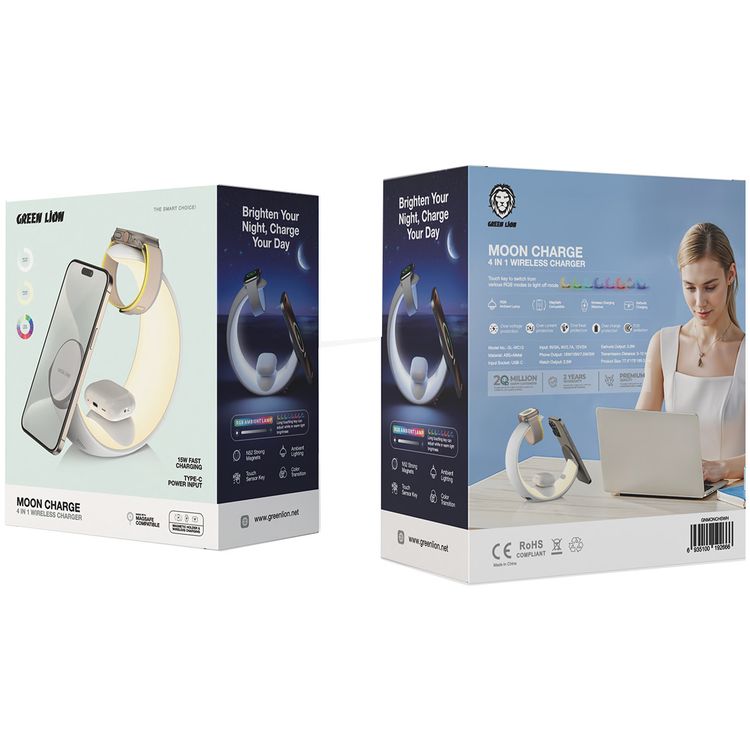 شاحن لاسلكي Green Lion Moon Charge 4 في 1 مع مصباح RGB محيطي، شحن سريع، مفتاح مستشعر باللمس، حماية من الجهد الزائد - أبيض 
