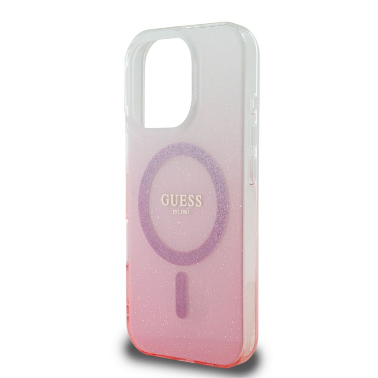 GUESS Magsafe IML Glitter Gradient Hard Case for iPhone 16 Pro Max, Slim Profile, Easy Snap-On, Drop Protection - Pink