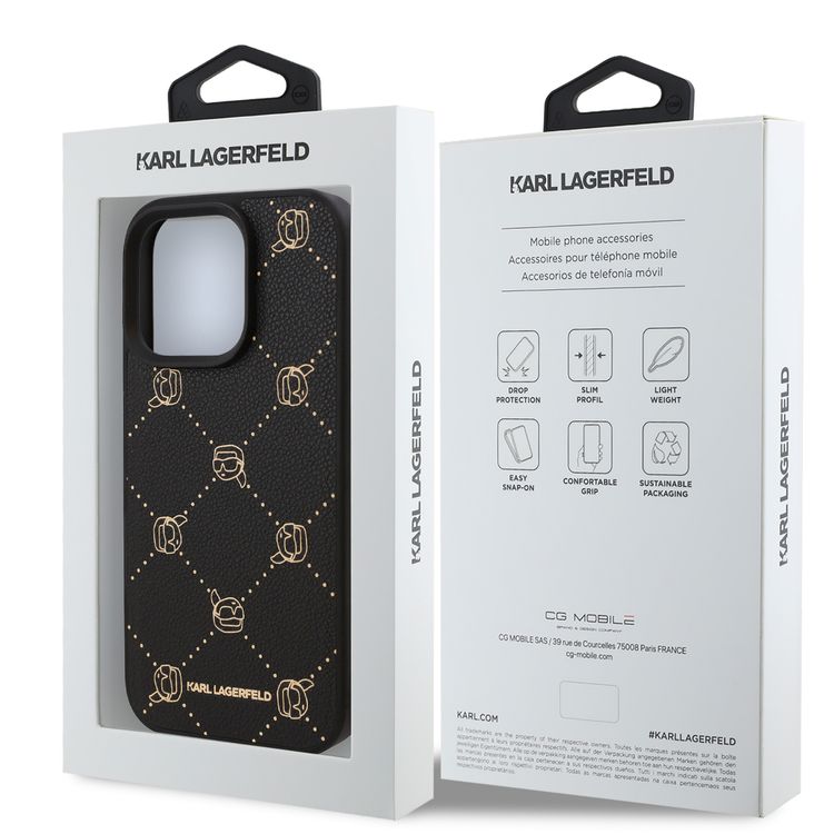 Karl Lagerfeld PU Hard Case for iPhone 16 Pro Max with Karl Heads, Drop Protection, Slim Profile, Lightweight, Comfortable Grip, Easy Snap-on, Sustainable Packaging - Black